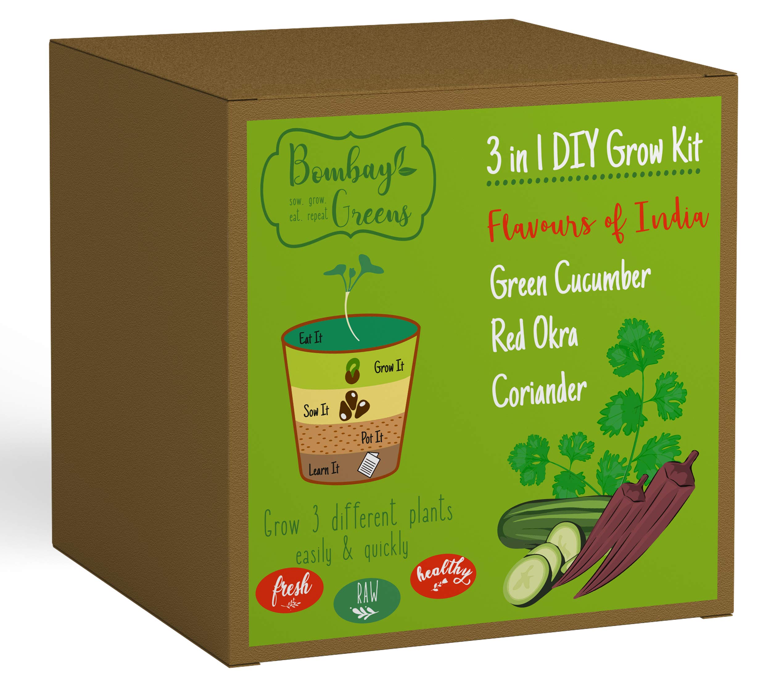 Bombay Greens 3 in 1 Indian Flavours Gardening Kit | Grow Your Own Kit - Coriander, Cucumber, Red Okra Plant | DIY Kit of for Home Garden | Combo of for Gardening