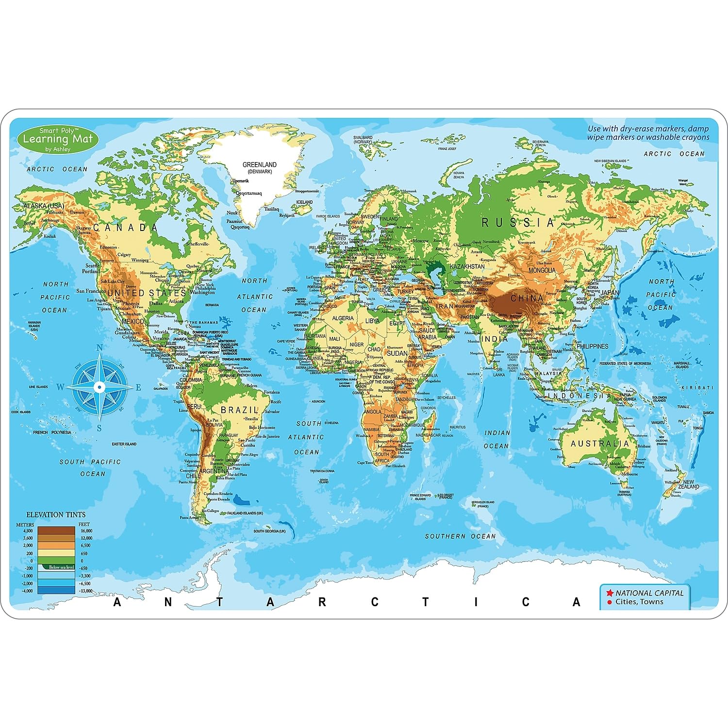 Ashley Productions ASH95003 Smart Poly(tm) Learning Mat, World Physical Map, Polypropylene (PP)/Paper, 12" x 17"