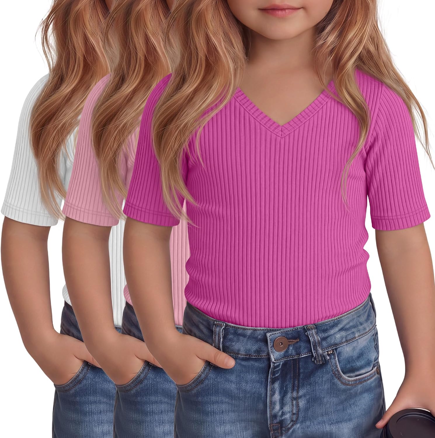 3 Pcs Toddler Girls Short Sleeve Tops Kids Cotton Ribbed Shirts Slim Fit V Neck Elbow Length Basic Tee Size 18m-5t