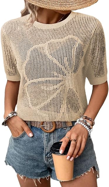 Dokotoo Femmes Été Manche courte Crochet Tops Floral Hollow Out Twit Sweater Beach Outfits de vacances Resort Wear