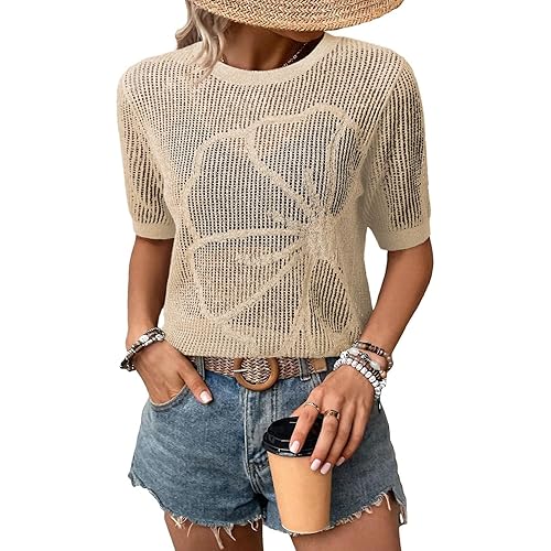 Dokotoo Womens Summer Short Sleeve Crochet Tops Hollow Out Floral Beach Vacation Clothes Cruise Outfits