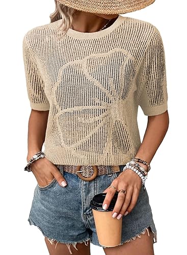 Dokotoo Womens Summer Short Sleeve Crochet Tops Hollow Out Floral