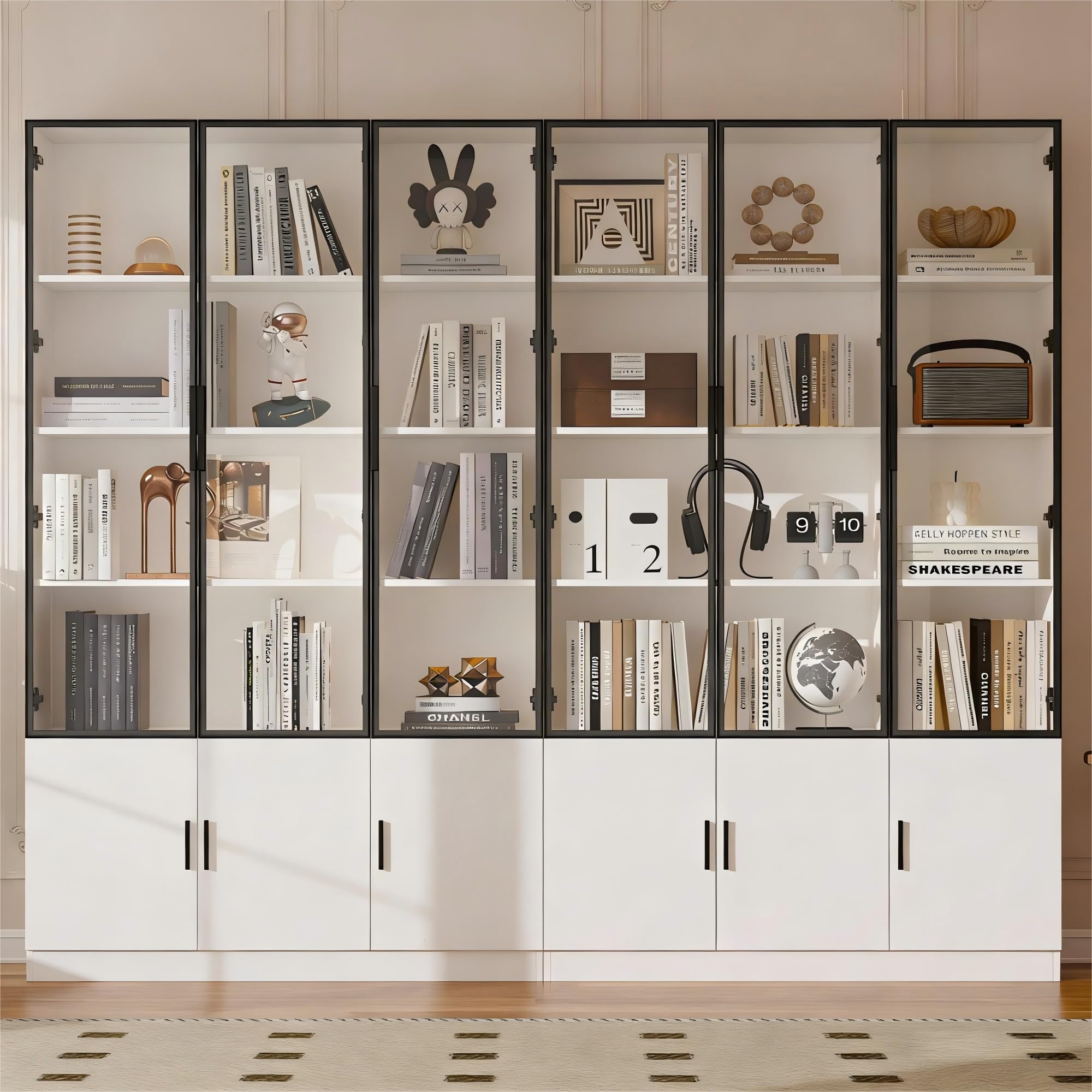Vitrina de cristal, 12 puertas, armario alto, 240 x 32 x 200 cm, color blanco
