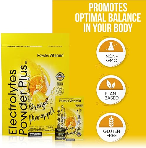 Miniatura 3 de PowderVitamin Electrolitos en polvo Plus, Keto, piña naranja, sin azúcar, 1000 mg de potasio, 120 mg de calcio, 120 mg de magnesio, sin OMG, cero