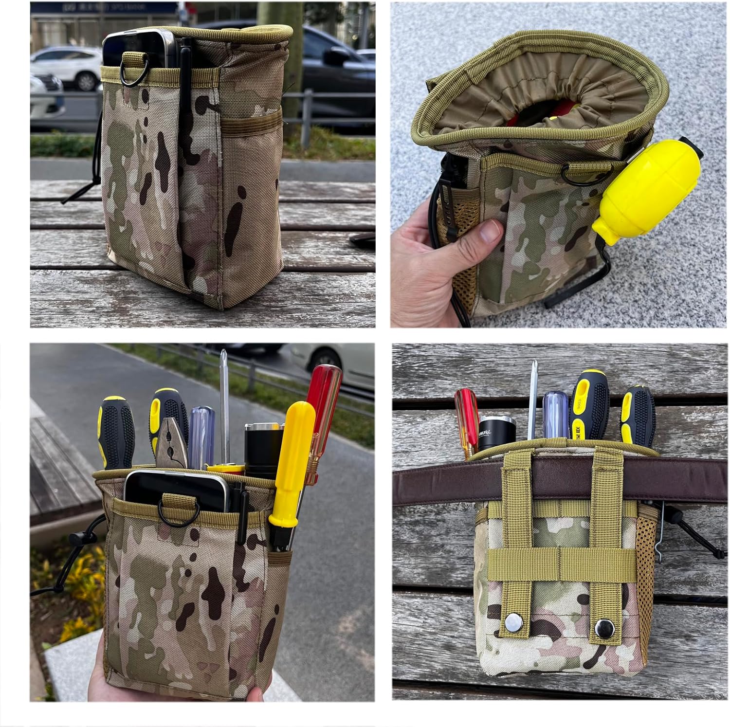 Small Tool Pouch,Utility Tool Bag, Small Toolbox, Screw Driver, Plier Organizer, Flashlight Holster and Knife Holder, Tool Belt Pouches for Electrician,Contractor,Plumber,Carpenter,Home Use(camo)