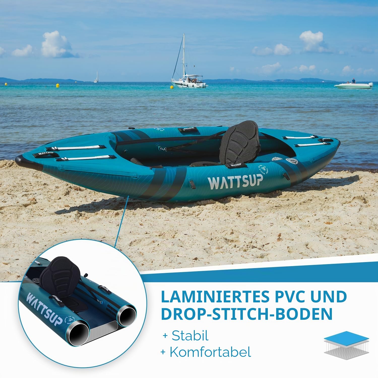 Aufblasbares Kajak Wattsup COD 1-Sitzer – 310 x 85 cm (10'2" x 33") – laminiertes PVC und Dropstitch – Komplettpaket – max. 180 kg