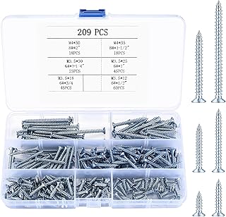 Wood Screws Assortment Kit, 209 Pcs Flat Head Philips Drive Self Tapping Wood Screws Set, Assorted Drywall Screws for Cabinet Furniture Wood - #6x1", 6x1-1/4", 6x1/2", 6x3/4", 8x1-1/2", 8x2"