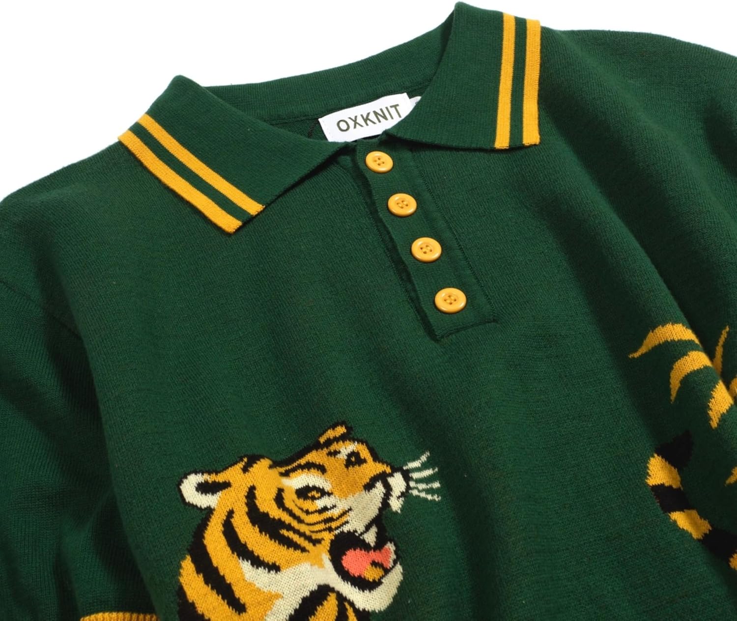 OXKNIT Knit Polo Shirt for Men, Retro Tiger Pattern Green Shirt Quarter Button Down Short Sleeve Men's Clothing