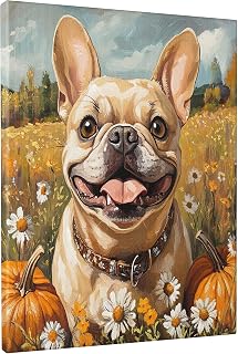 Oil Painting Fall French Bulldog Dog Wall Art for Living Room Decor, 1 piece Autumn Pumpkin Bathroom Wall Art, Big Small Pet Decorative Bathroom Dining Room Bedroom 16 * 20