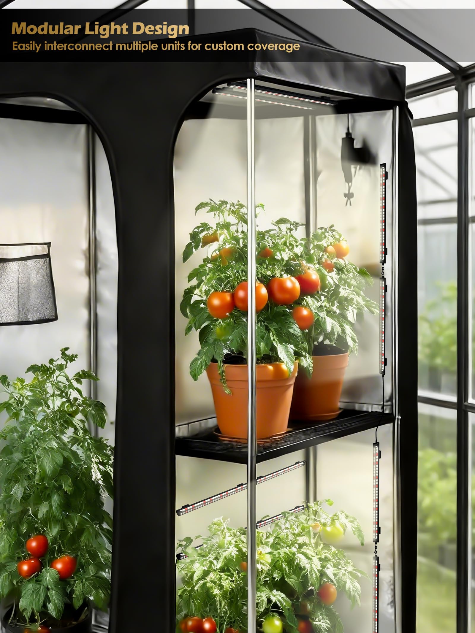 Luz de cultivo inteligente para plantas de interior, tiras de luz LED de espectro completo de 3500 K con temporizador automático de 3/9/12 H, atenuación continua, diseño modular, Plug and Play (negro