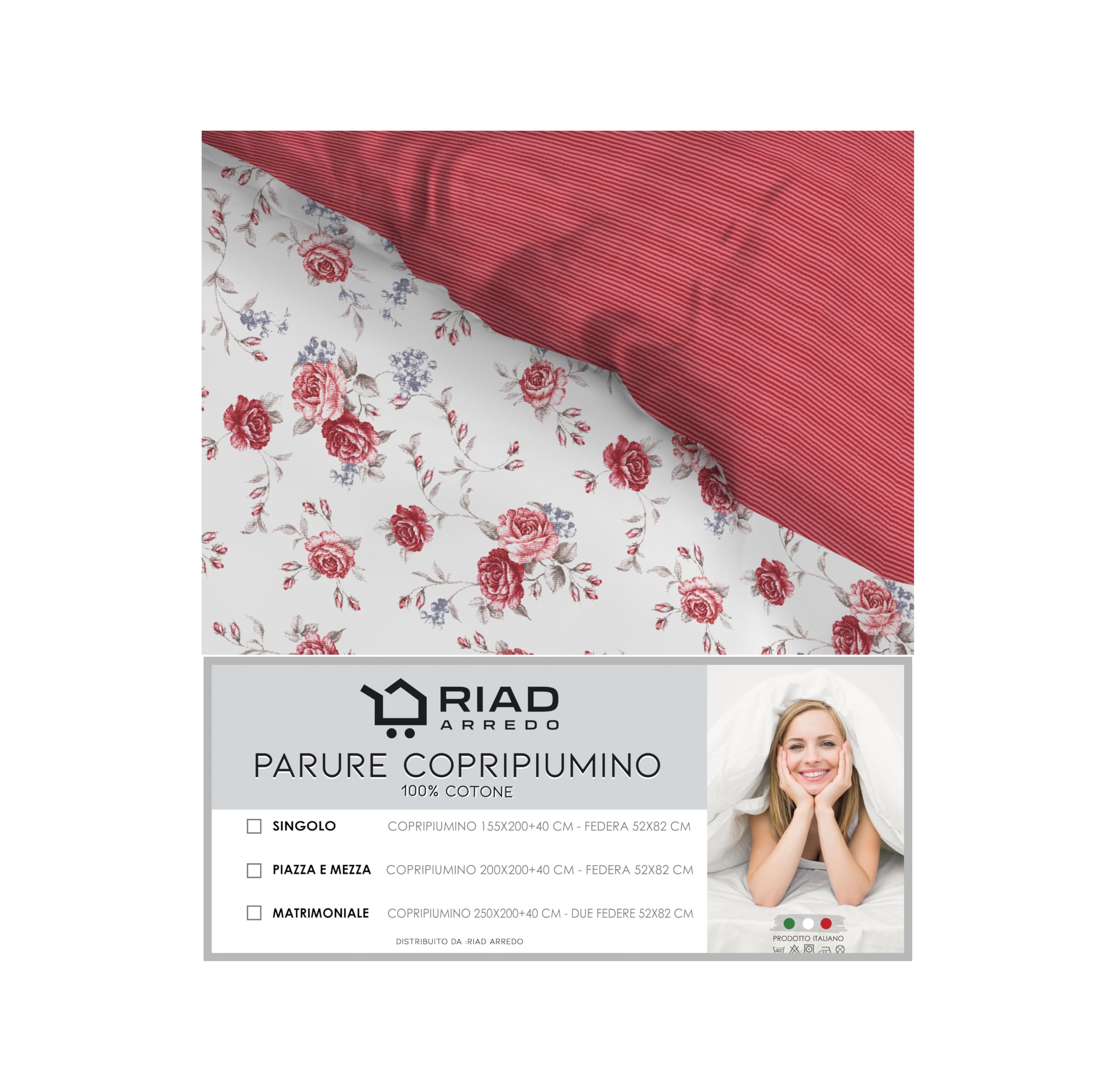 Set Copripiumino Cotone Percalle Double Face - Matrimoniale 250x240 + 2 Federe, Fiori Grigio, Made In Italy