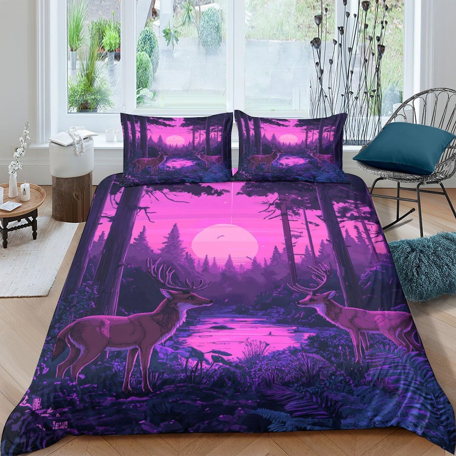 Ctjqhvkz Style-2 3D Printed Purple Forest Fitted Sheet Microfiber Soft Breathable Deer Lake Bed Cover For Bedroom Dorm Mattress Decor Single（135X200cm）