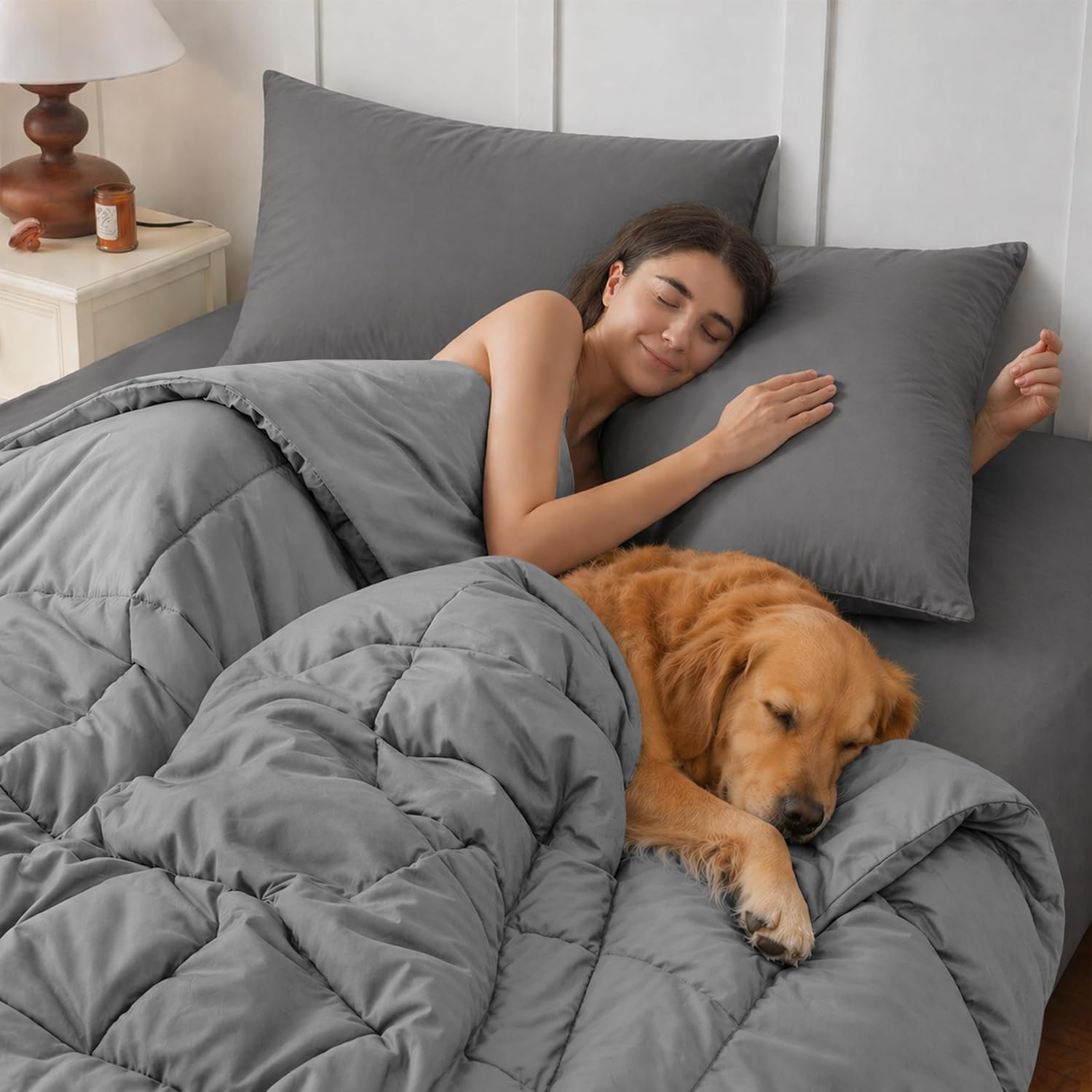 lux décor twin comforter – 92x68 ultra-soft down alternative duvet insert with corner tabs & box stitching, hotel quality plush hypoallergenic microfiber, oeko-tex certified – grey grey box stitched twin