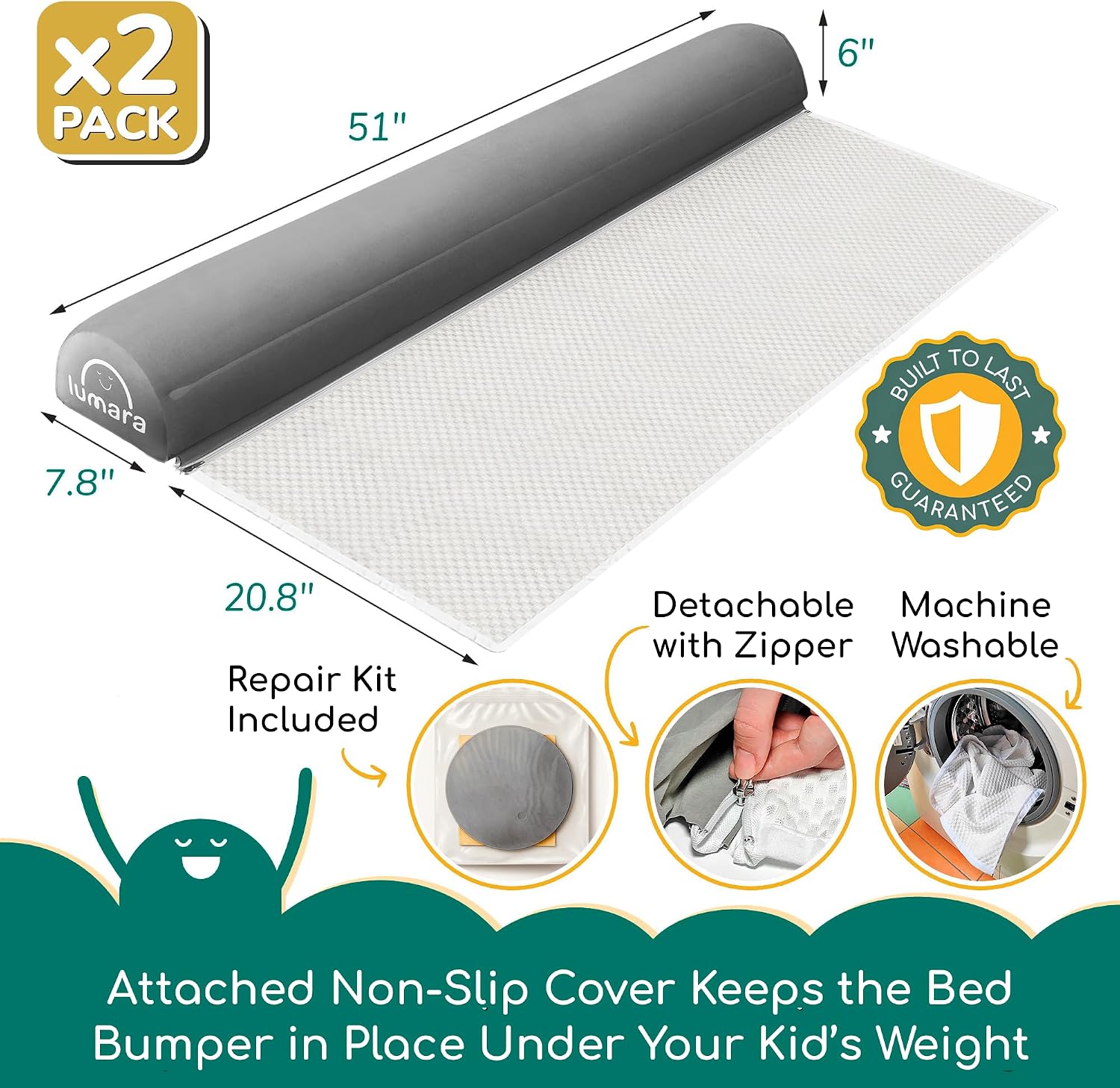 LUMARA Inflatable Bed Rail for Toddlers 2 Pack – Portable Travel Bed Bumpers for Kids Fits Twin Full Queen King Size Beds – Non-Slip Safety Guard Rails