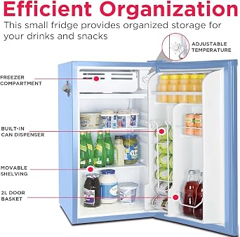Frigidaire Retro Compact Refrigerator with Chiller, 3.2 Cubic Feet Countertop Refrigerator with Built-in Bottle Opener for Compact Refrigerator, Office, Bedroom, Dorm Room, Cabin - 16.5D x 19W x 31H Blue