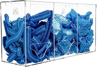 SEANADO Clear Acrylic Glove Holder Dispenser with Lid, 3 Compartments Hygiene Station Storage Box for Beard Nets, Hairnets, Plastic Bags, Shoe Cover - Wall Mount or Tabletop