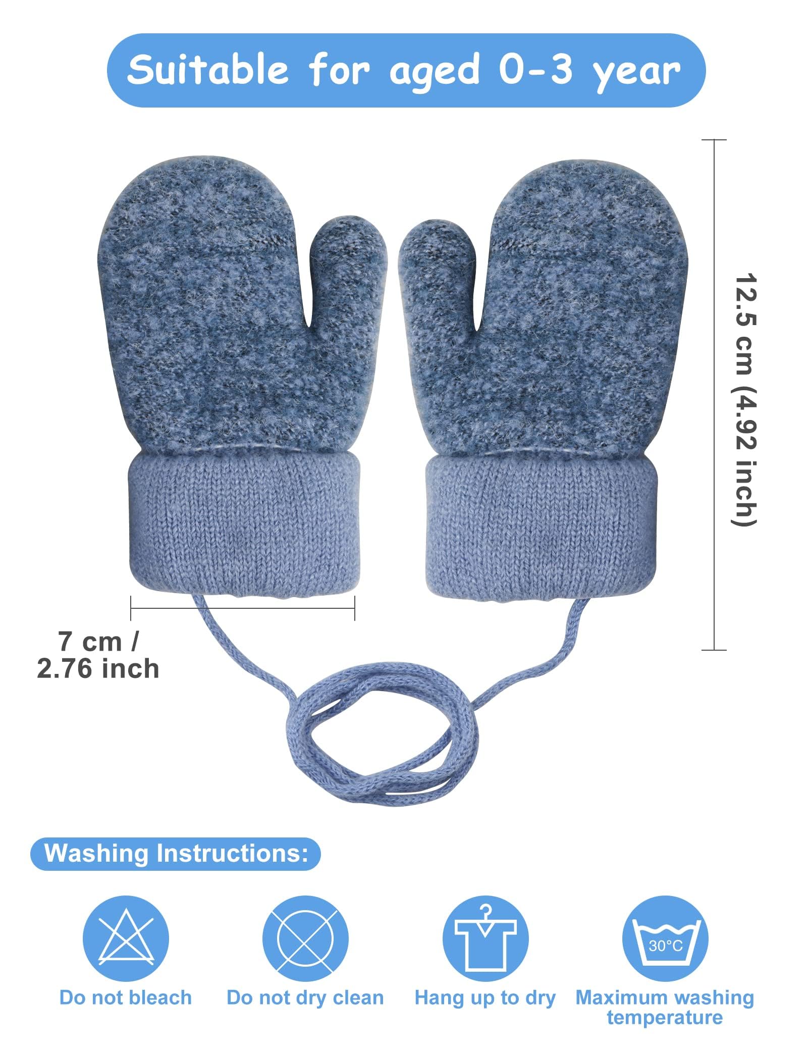 Becellen Guantes Invierno Niños Manoplas Guantes Termicos de Punto con Forro Polar Cuerda Cuello para Bebé Niños Niñas 0-3 Años