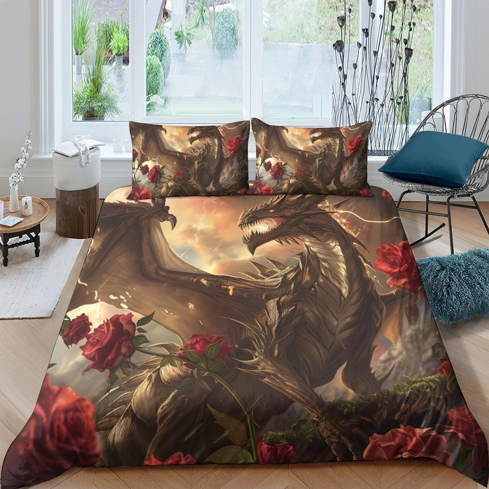 Ctjqhvkz Style-4 3D Printed Dragon Fantasy Fitted Sheet Microfiber Soft Breathable Rose Art Bed Cover For Bedroom Dorm Decor Single（135X200cm）