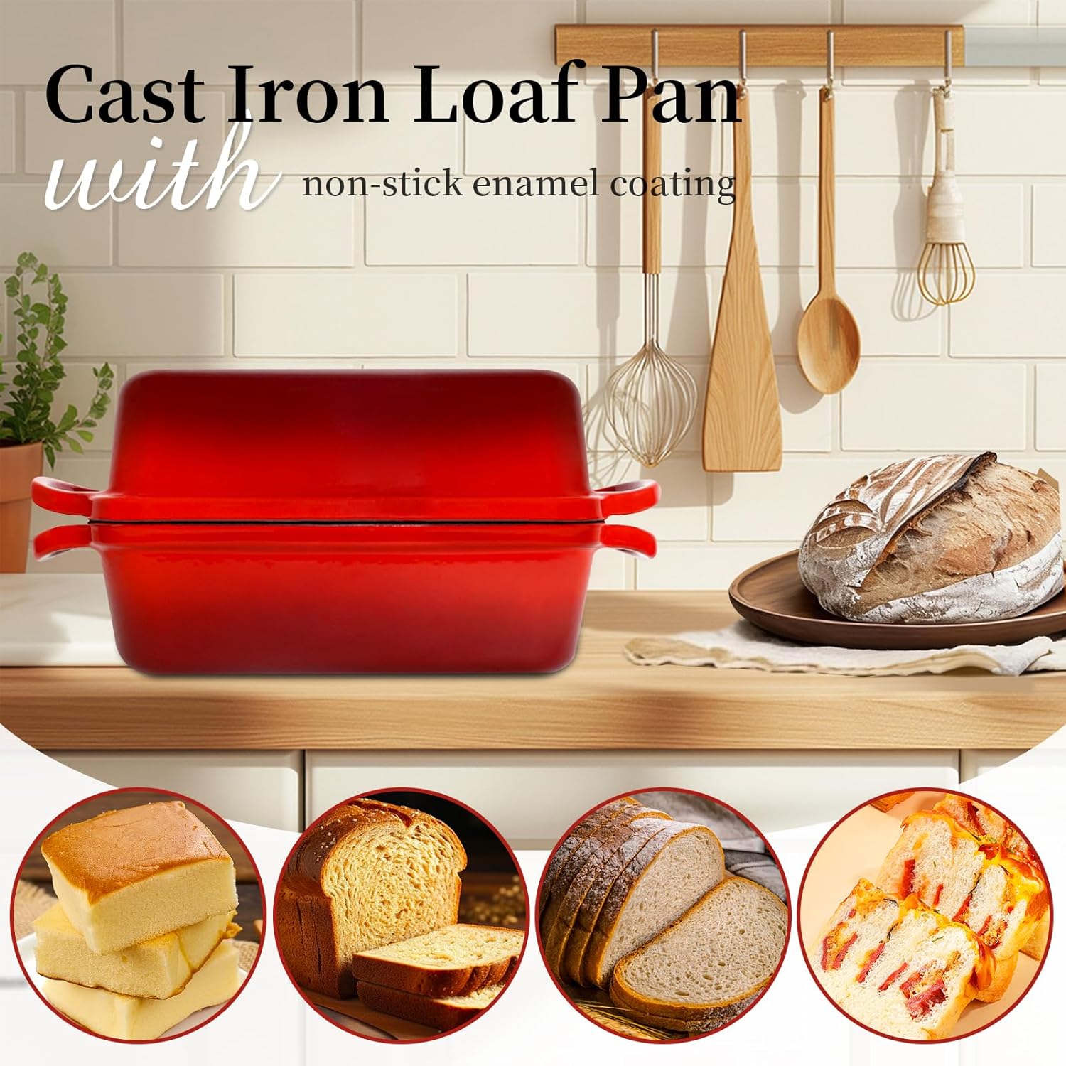 FUNKYLEE Enameled Cast Iron Bread Pan with Lid, 2-in-1 Loaf Pan for Baking Bread 9x5, Professional Sourdough Bread Pan for Homemade Bread, Set of 2, Red