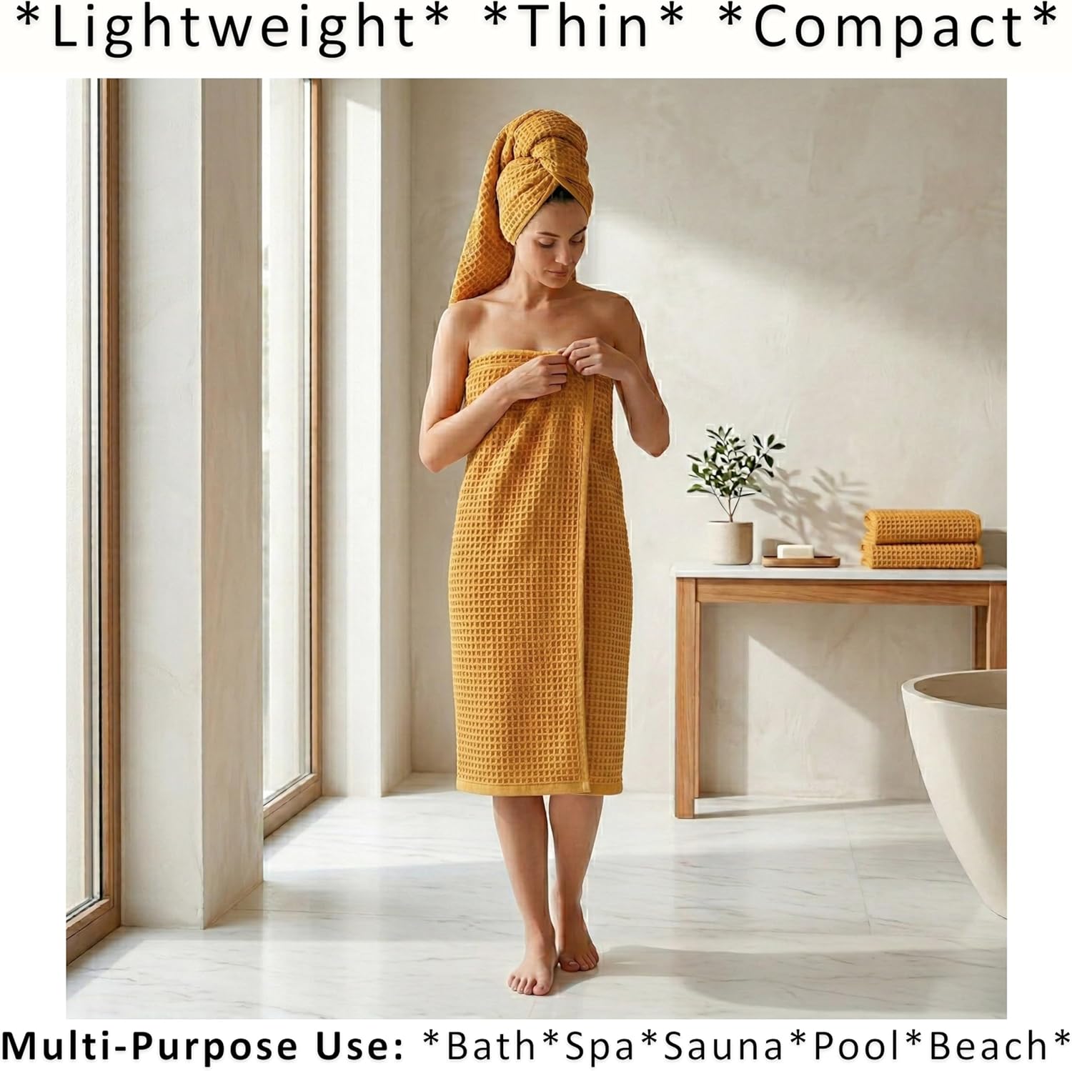 PÜSKÜL Natural 100% Turkish Cotton Waffle Bath Towels Set of 2-Piece | 32x63 Extra Large Absorbent Quick-Dry Lightweight Spa Towel | Luxury Sauna Accessories (Mustard Yellow Bath Towels - Pack of 2)