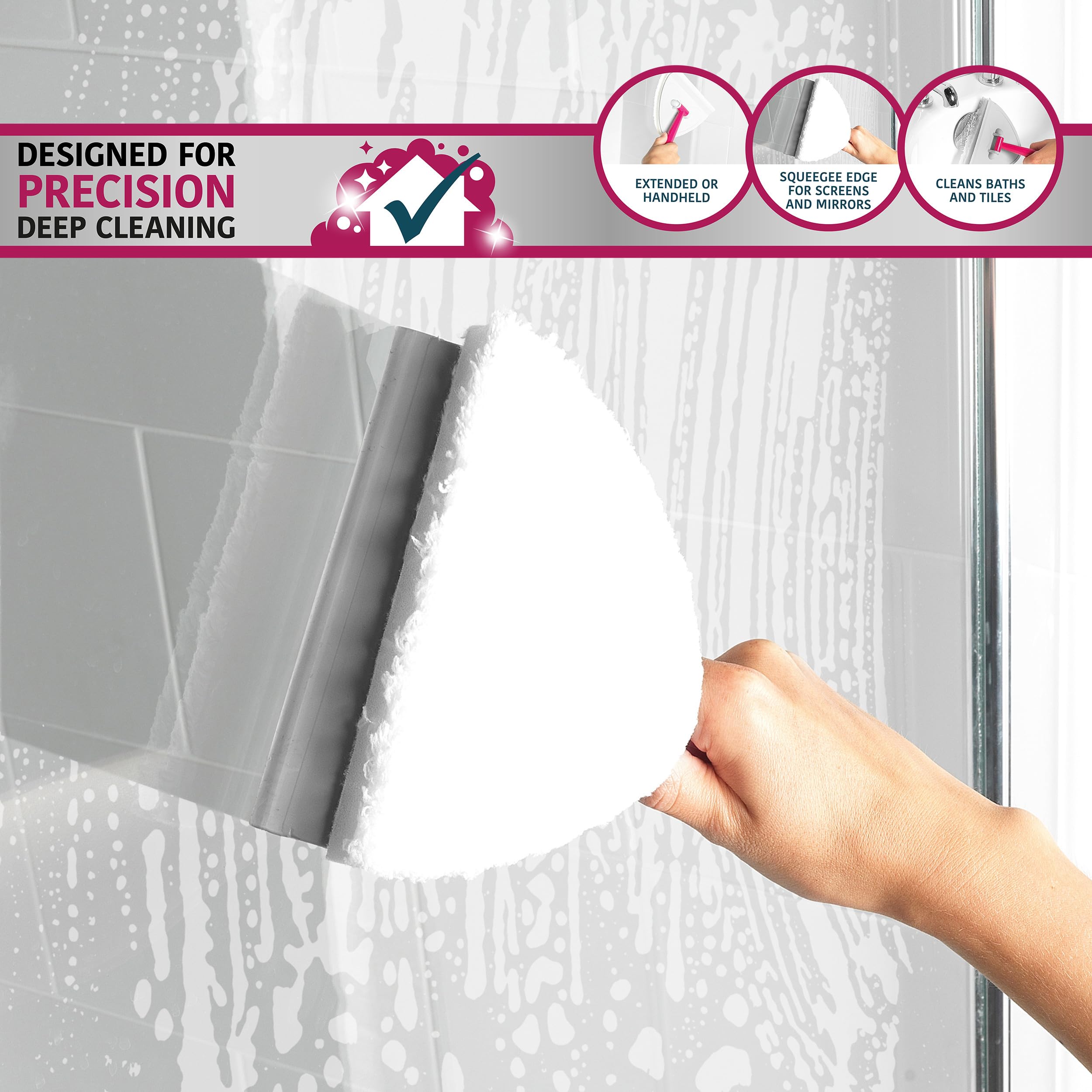 Kleeneze KL076533EU7 Extendable Handle Multipurpose Bathroom Cleaner Mop, Pointed Head, Perfect for Showers, Mirrors and Tiles, Grey/Pink