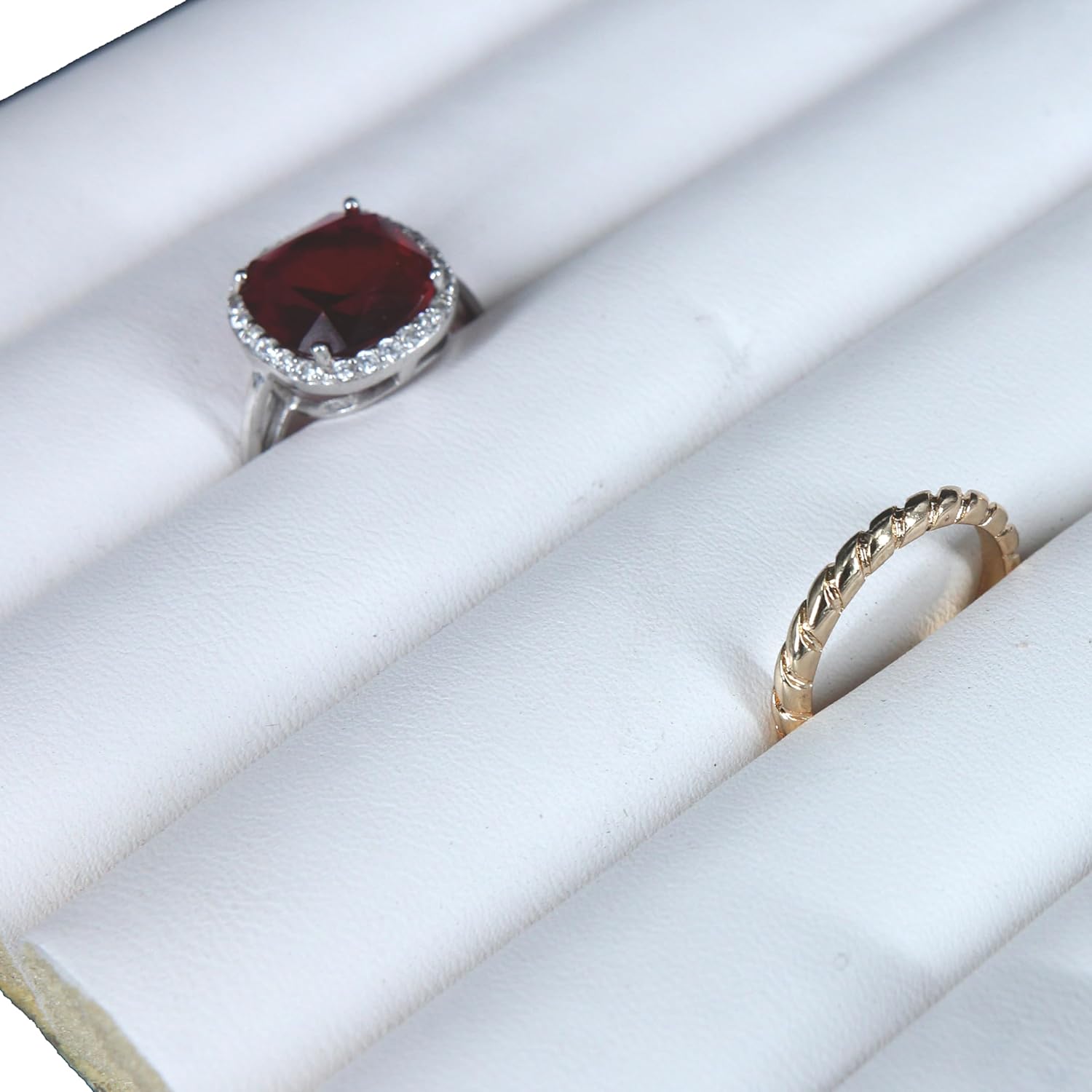 SSWBasics Foam Ring Holder - White Faux Leather, Small Continuous Slot, Holds Up to 52 Rings, 7-3/4"L x 6-3/4"W x 3/4" H - Image 8