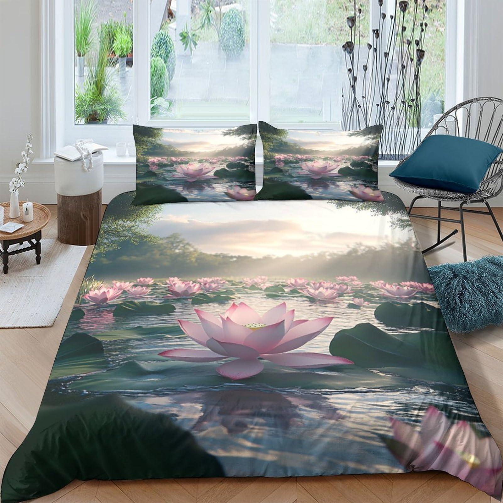 Ctjqhvkz Style-4 3D Printed Lotus Lake Fitted Sheet Microfiber Anti-Slip Mattress Cover Water Reflection Bed Decor For Bedroom Guest Room Single（135X200cm）