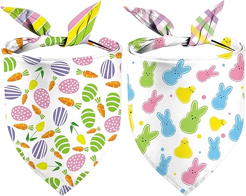 Easter Dog Bandanas, Reversible Easter Eggs Carrot Design 2 Pack, Happy Easter Dual-Layer Holiday Puppy Dog Kerchief Gifts (03)