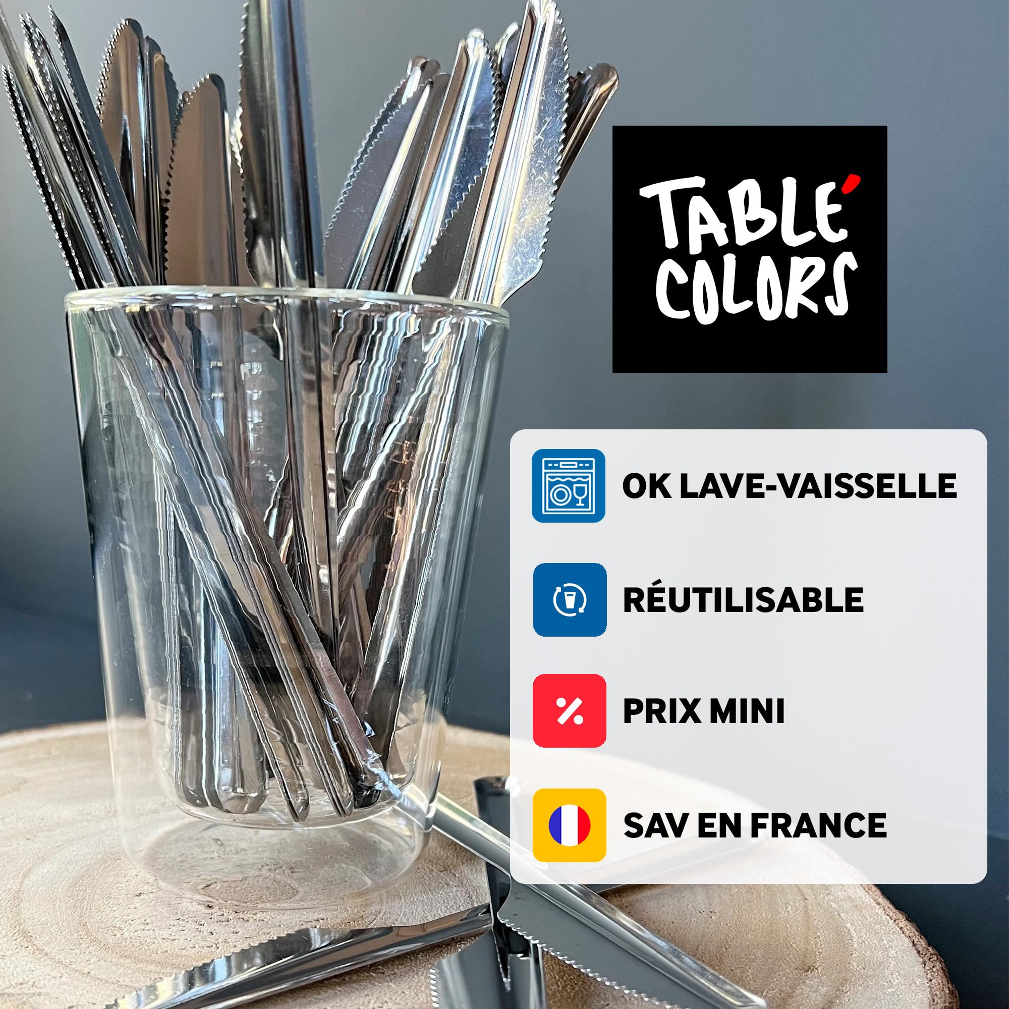 Pack de 120 couverts de table en inox - 40 couteaux - 40 fourchettes - 40 petites cuillères - Passe au lave vaisselle - Inoxydable - Fêtes et anniversaires - Pique-nique - Table’Colors