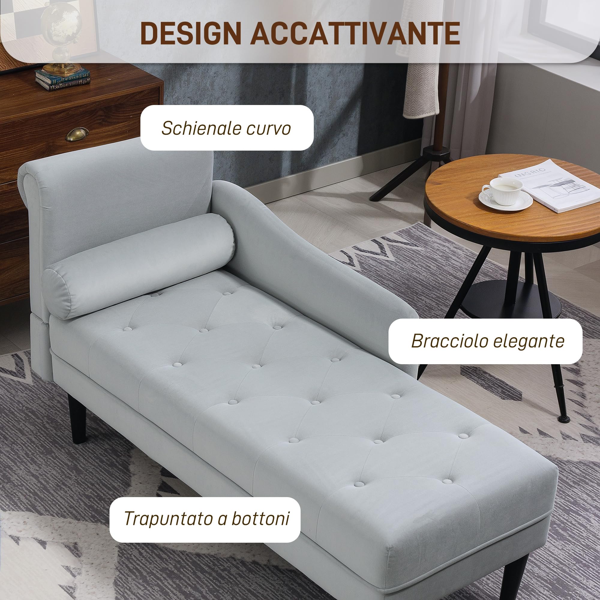 HOMCOM Chaise Longue Trapuntato con Cuscino e Bracciolo Sinistra in Velluto, Divano Imbottito, Poltrona Chaise Longue con Gambe in Legno Massello per Soggiorno, Ufficio e Salotto, Grigio