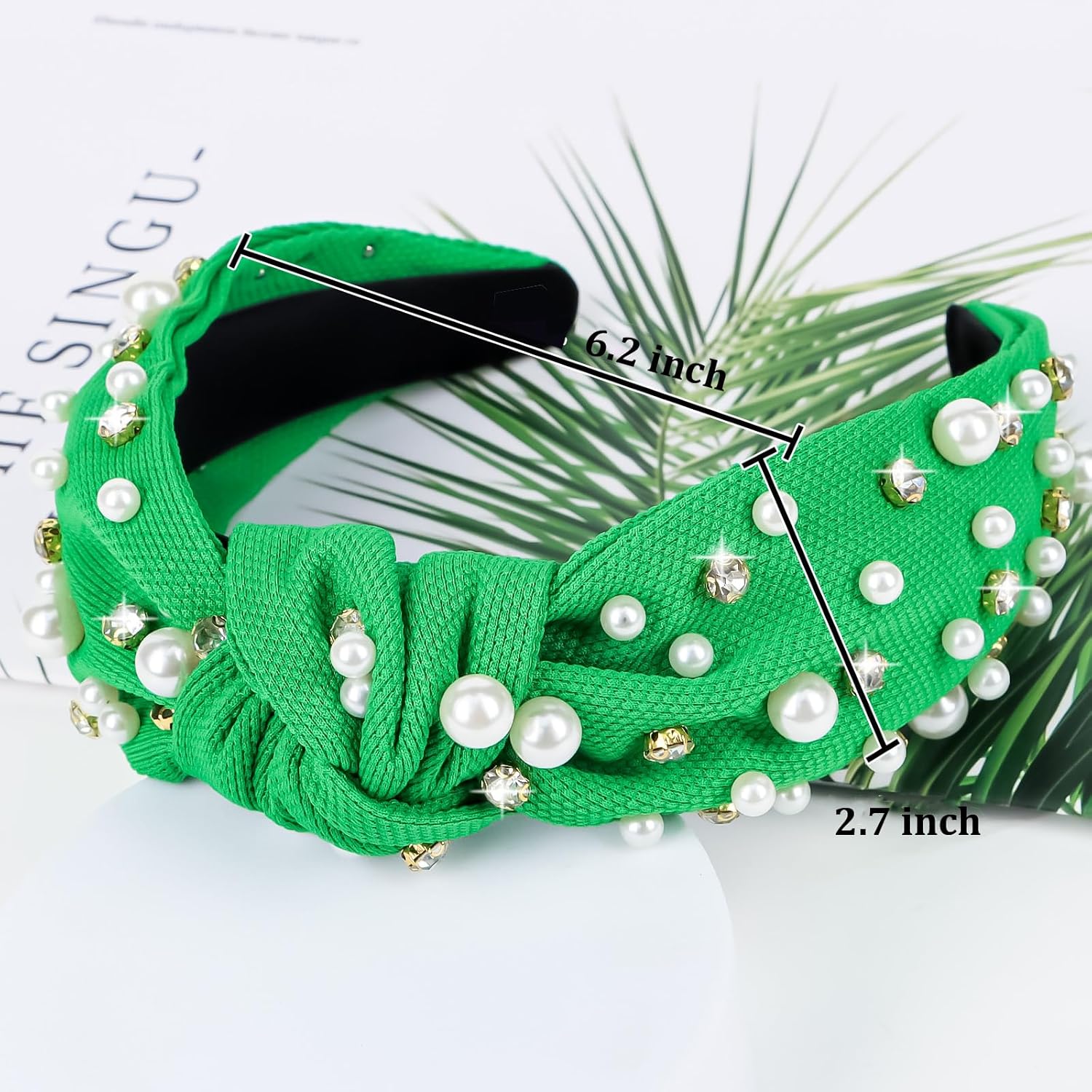 Jaciya Green Headband Pearl Knotted Headbands for Women Girls Rhinestone Wide Knotted for Women Beaded Head Band Knot Turban Hair Accessories - Image 7