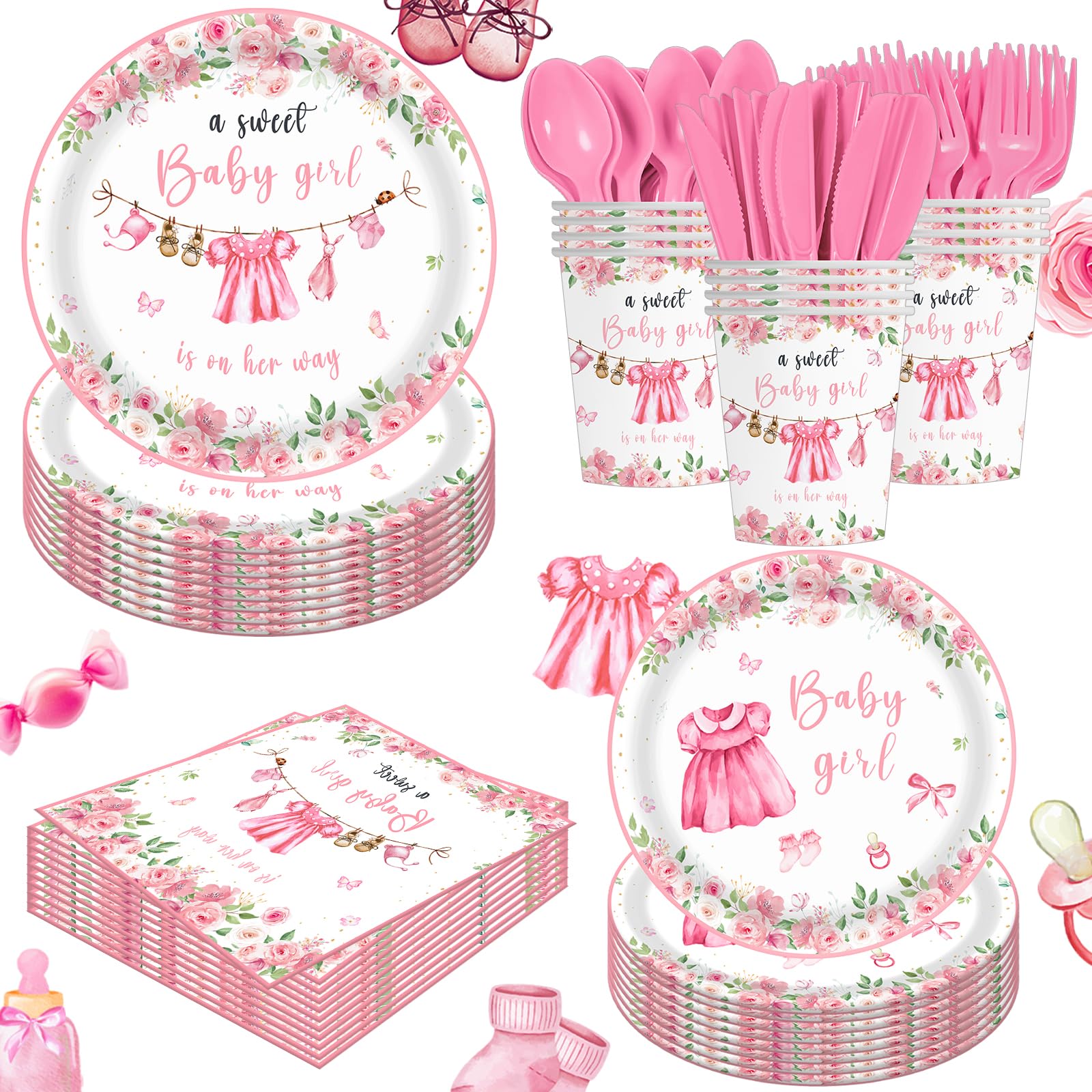 Kilyparty 140pcs Greenery Gender Reveal Baby Shower Plates And Nnapkins Supplies Party Boho Greency Party Decorations Tableware Set Dessert Plates Napkins Forks for 20 Guests (Pink)