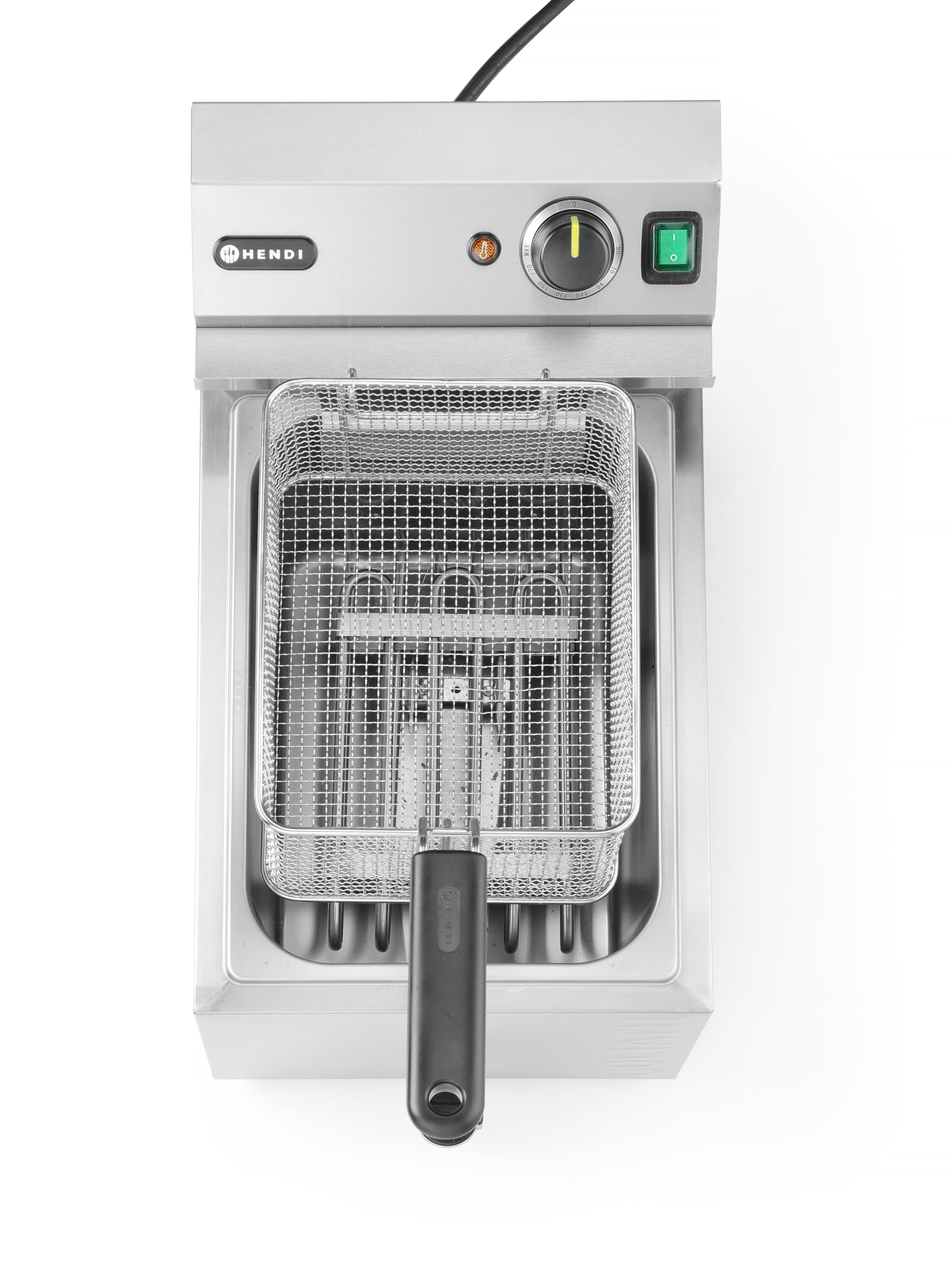 HENDI Freidora eléctrica XL GOLIATH, con grifo de vaciado, 50 °C-190 °C, zona fría, con tapa y cesta de freír, 10L, muy potente: 10200W, 400V, 300x585x(H)392mm, acero inoxidable