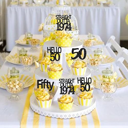 Miniatura 7 de 24 piezas de adornos negros para cupcakes de 50 cumpleaños con purpurina Fifty Hello 50 Straight Outta 1974 para magdalenas para saludos a 50 años,