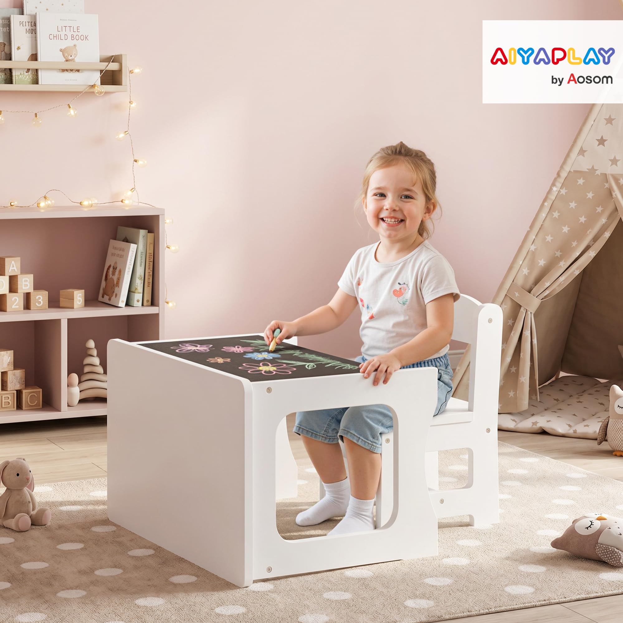 AIYAPLAY Bureau et Chaise pour Enfant Plateau Réversible 3 à 6 Ans Blanc