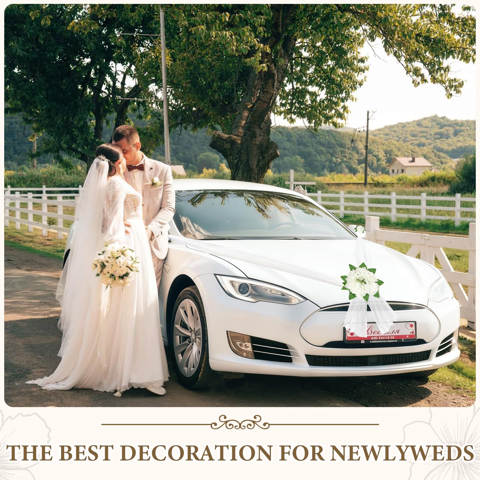Decorazione Auto Matrimonio, Set con 1 Fiore per Paraurti Anteriore, 1 Nastro di Tulle (4,7m), 2 Fiori per Specchietti, 4 Nastri Decorativi, ecc. – Adatto alla Maggior Parte dei Modelli