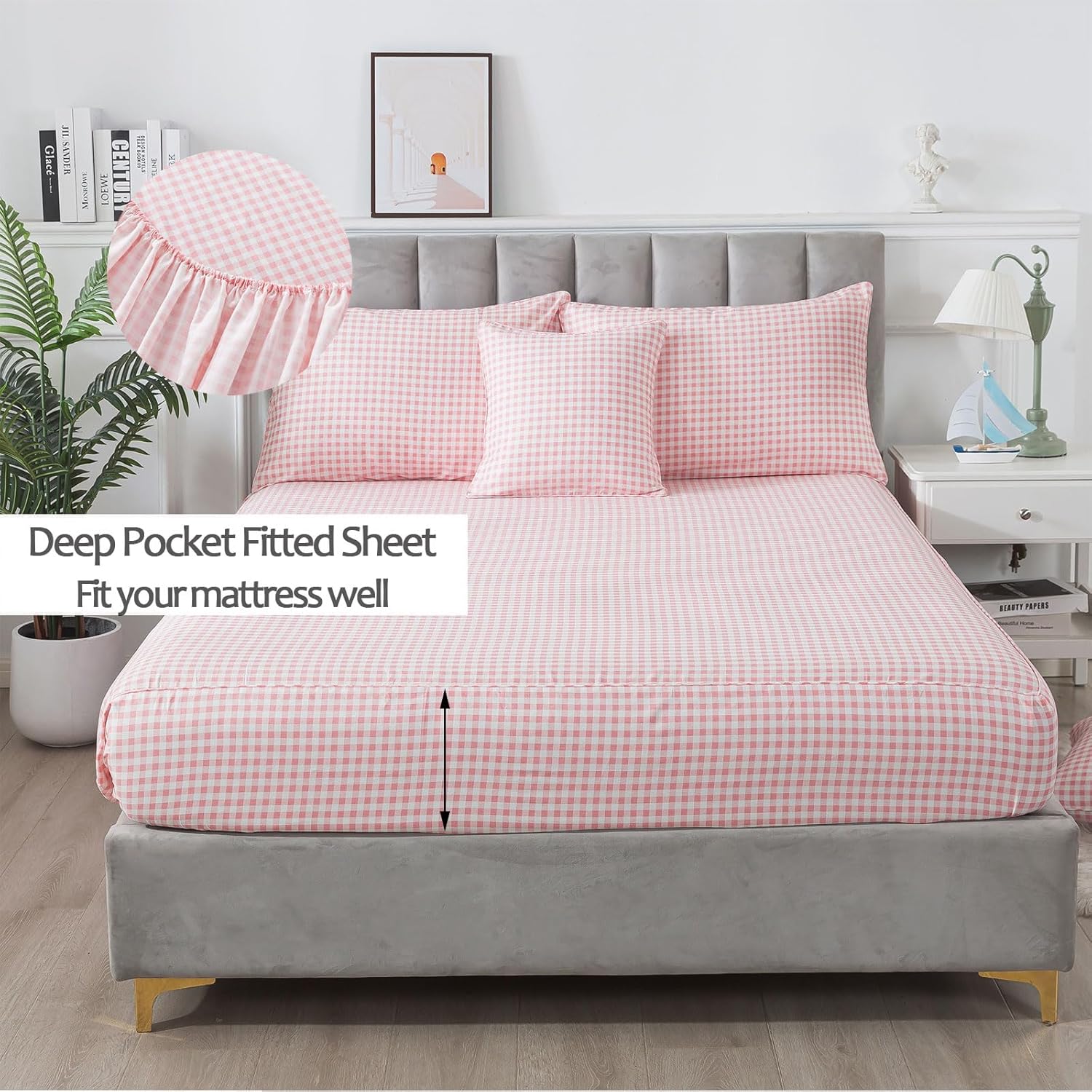 FADFAY Pink Plaid Queen Size Sheets 100% Cotton Geometric Checker Bedding Teens Grid White Gingham Pattern College Bedding Deep Pocket Sheets with 2 Pillowcases Ultra Soft 4pcs, Queen Size