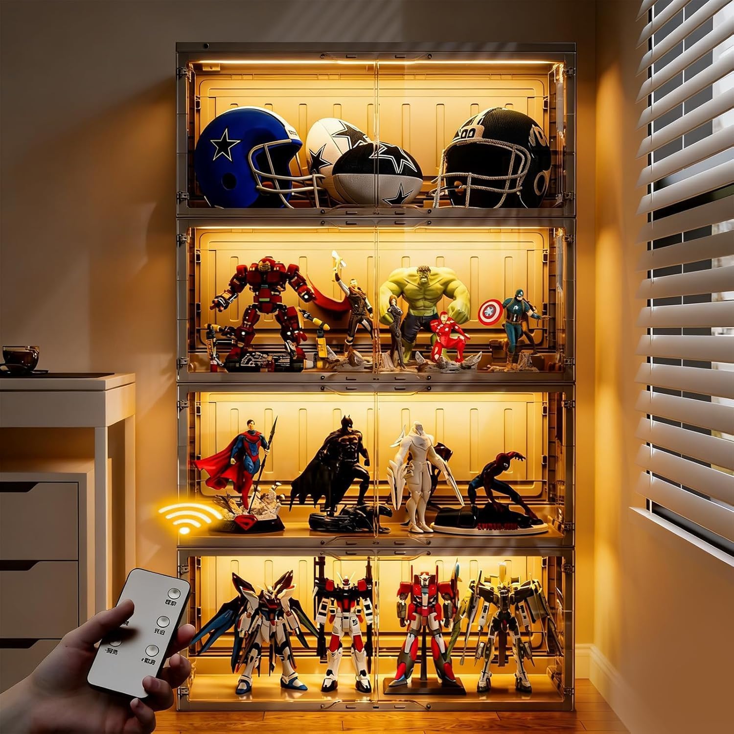 MAGINELS 4-Tier Display Cabinet,Foldable Curio Cabinet with 2 Color Lights for Collectibles, Glass Display Case with Remote Control, Storage Cabinet (Black)