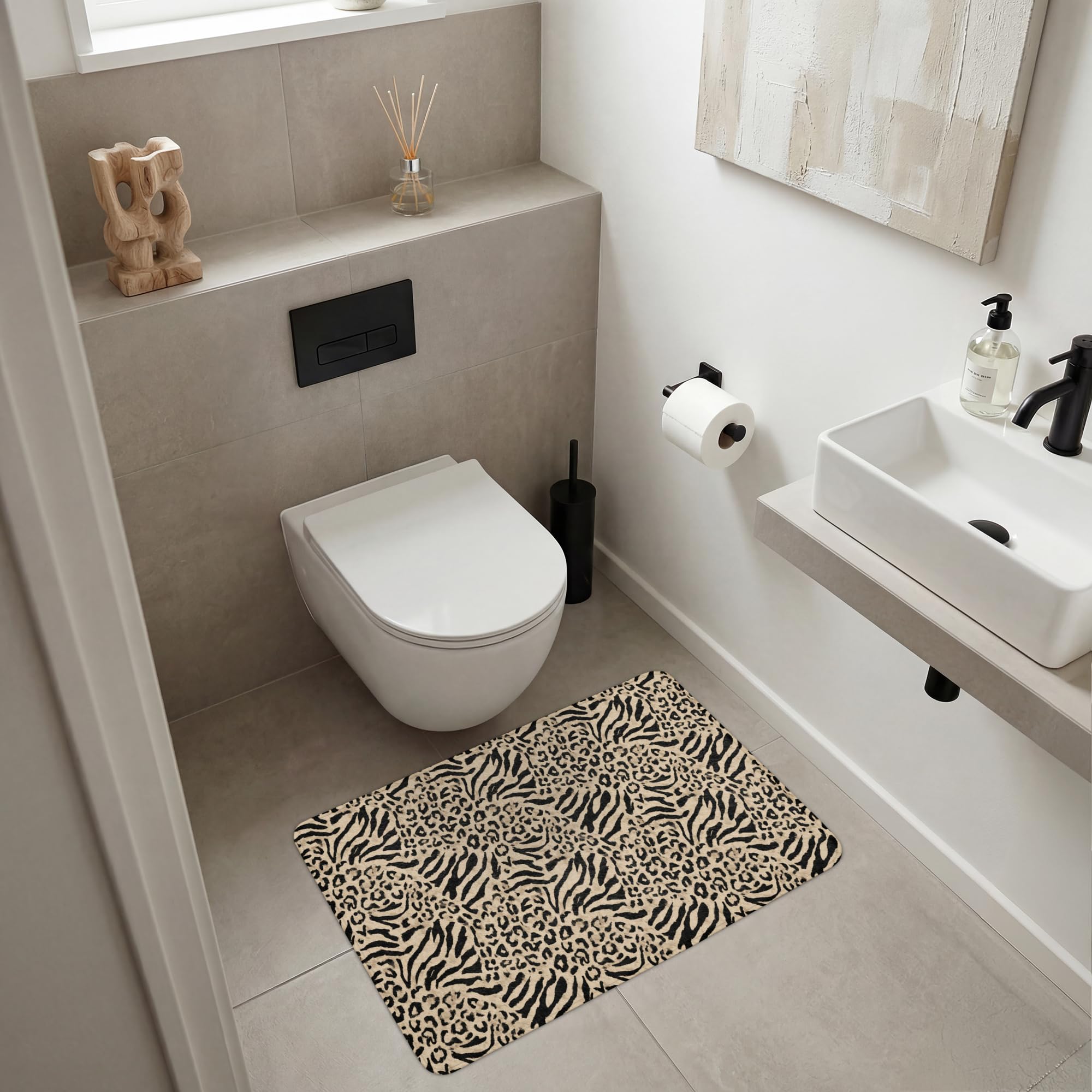 Badematte rutschfest Deko Badezimmer Memoryschaum Badematten | 90x60 cm - Rechteckig - Vorleger Mit Ausschnitt Duschvorleger Waschbar Giraffe - Zebra - Motiv - Braun