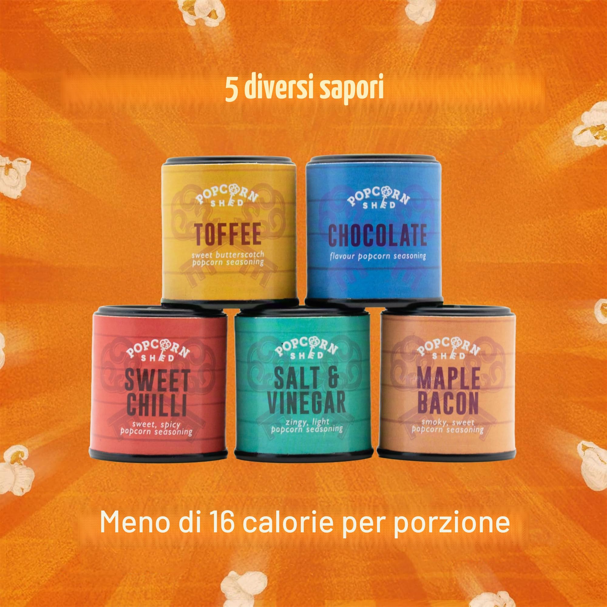 Set di spezie per popcorn fai-da-te per la serata al cinema, prepara il tuo popcorn, cinque deliziose spezie per popcorn + 500 g di mais per popcorn, vegano e senza glutine