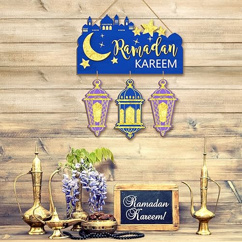 Miniatura 6 de Ramadan Kareem - Letrero para puerta, decoración de Ramadán Mubarak para decoración del hogar, adornos colgantes de madera, placa de madera con luna