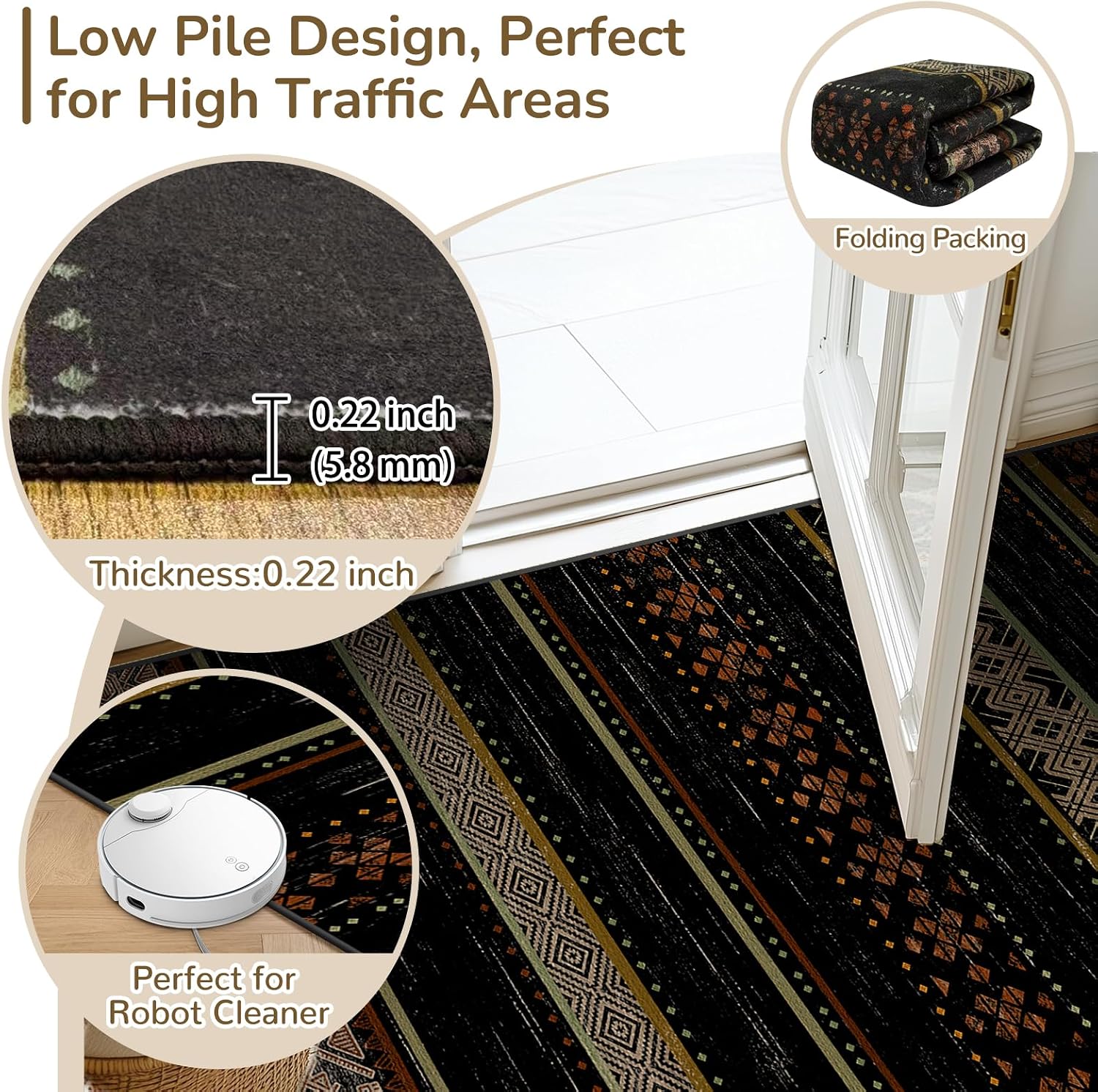 9x12 Washable Area Rugs for Living Room Boho Bedroom Rug Colorful/Black image 3