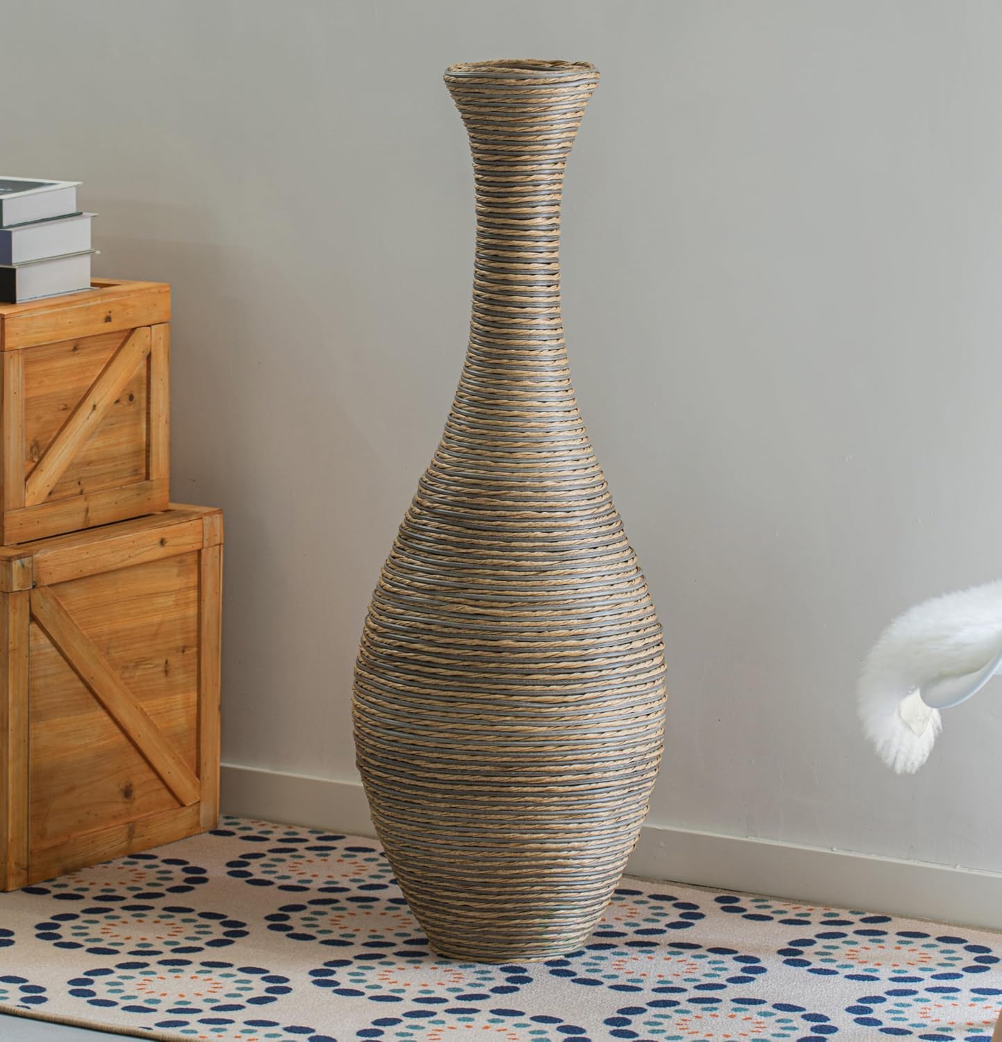 Set of 2 38-inch Tall Artificial Rattan Floor Vase in Elegant Beige - Statement Piece for Living Room Decor, Entryway, or Hallway - Versatile Home Accen image 4