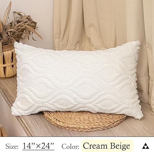 Miniatura 4 de JoraLion Fundas de almohada lumbar bohemias de 14 x 26 pulgadas, lana sintética de felpa, color beige crema, funda de almohada lujosa y suave,