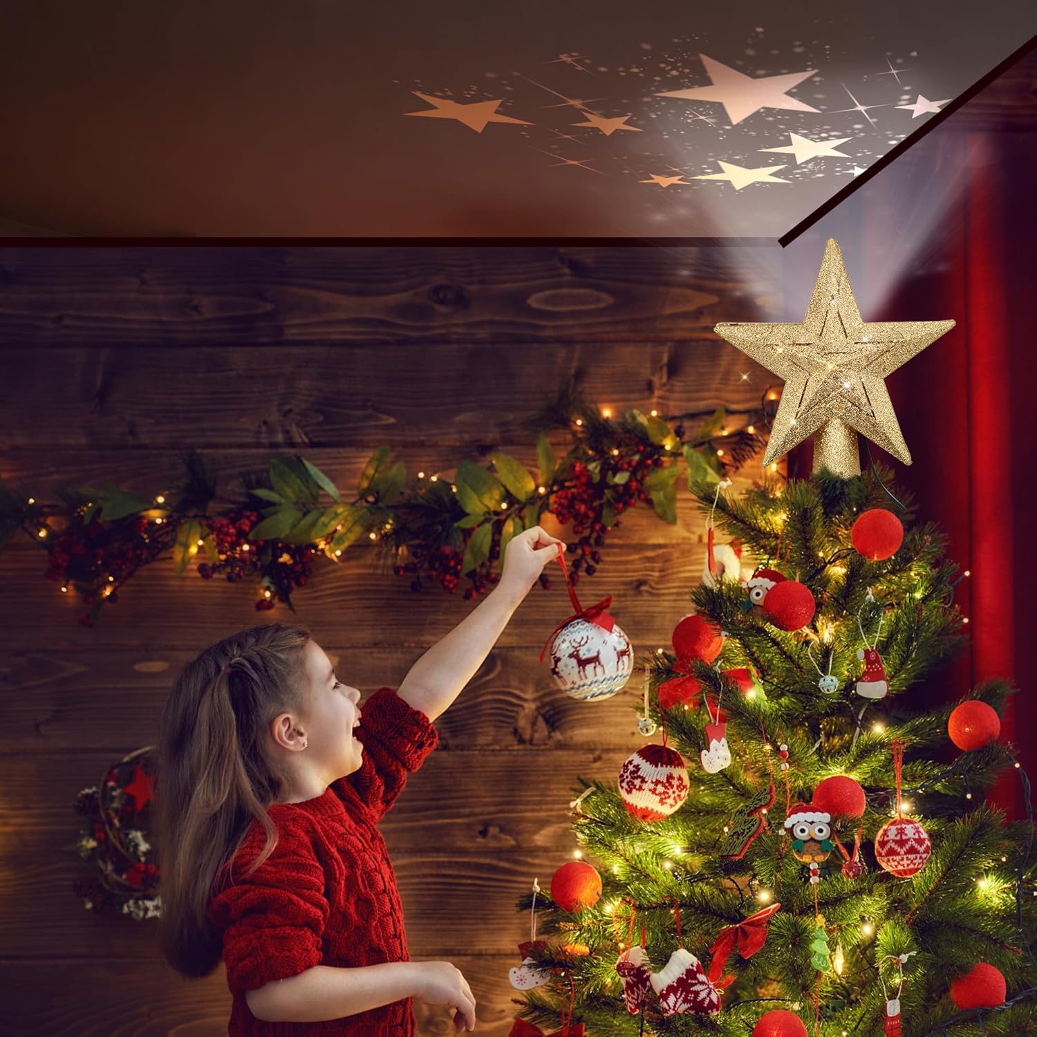 Christmas Tree Topper Lighted with 3 Pattern Projection Modes,3D Flash Dynamic Projector for Christmas Decorations,Christmas Star Tree Topper with Built-in LED Rotating Motion Light.(Gold)