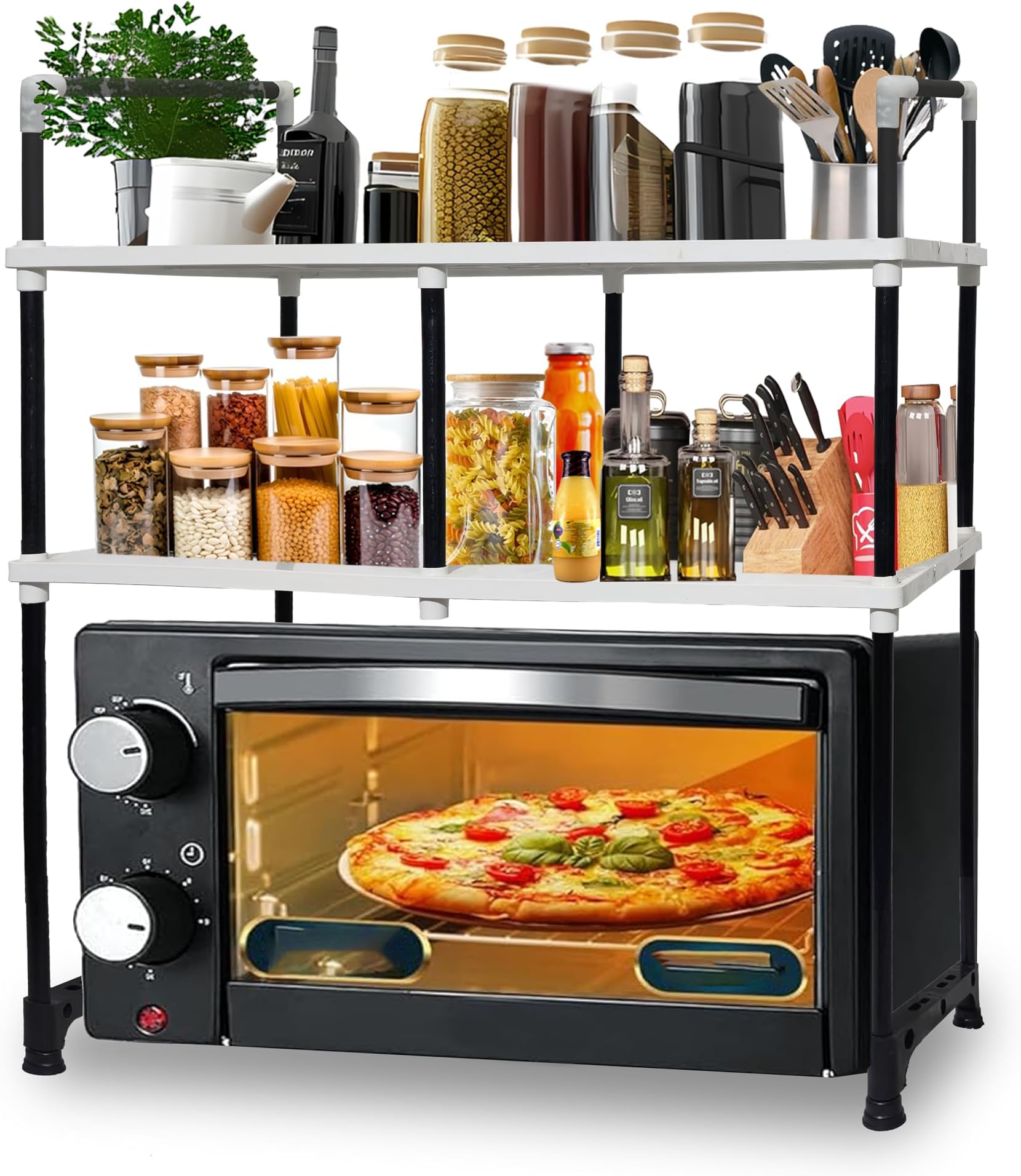 Microwave Oven Stand & Kitchen Storage Rack | Multipurpose Shelf for Oven, Toaster, and Grill, Mixer & Utensils | Space Saving Kitchen Heavy Duty Organizer (DIY Assembly) (With Handle, 2 Shelves)