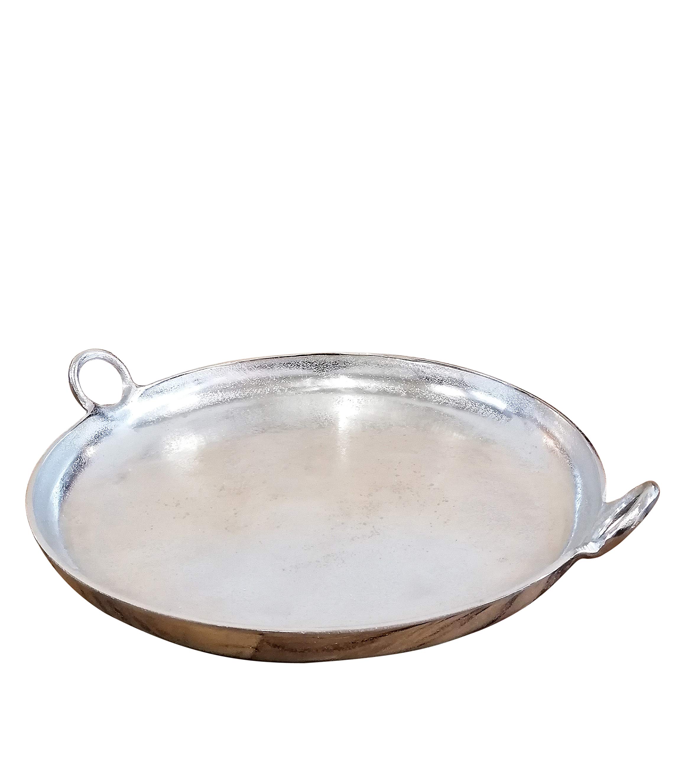 Tablett Servierbrett Servierplatte Aluminium Silber Griffe Rund Luxus - Serviertablett aus Metall - Silbertablett - Deko Dekoration - Weihnachtsdeko für Wohnzimmer, Esszimmer oder Küche - XL 52 cm