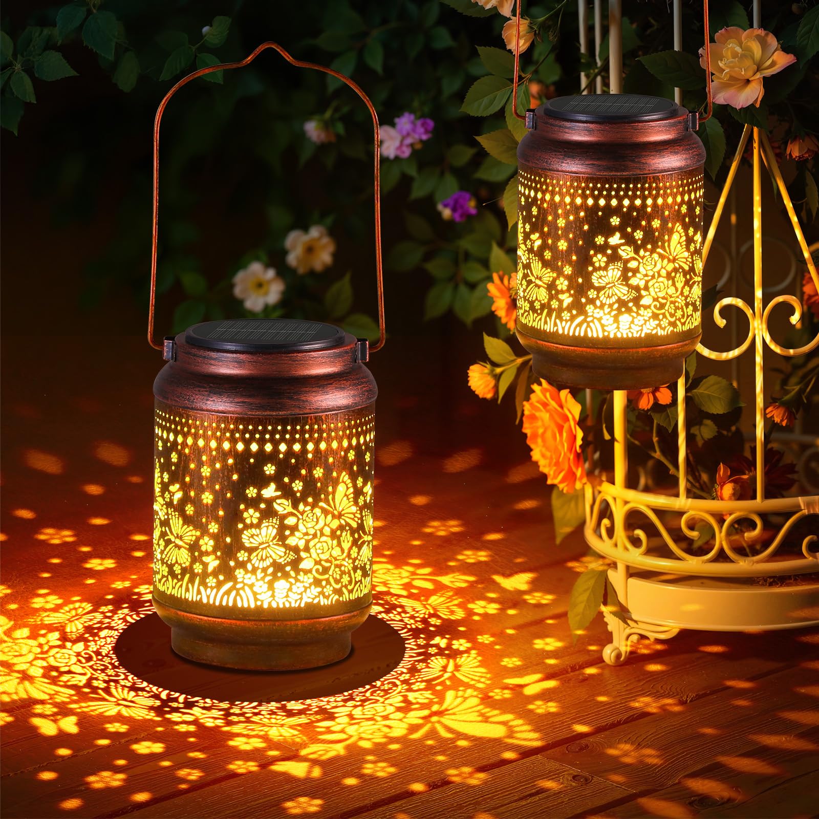 BUCASA 2 Pack Solar Garden Lights Birthday Gifts for Women, Butterfly Garden Ornaments Outdoor Solar Lanterns for Outside Table Patio Balcony Courtyard, Waterproof Hanging Solar Lights Gifts