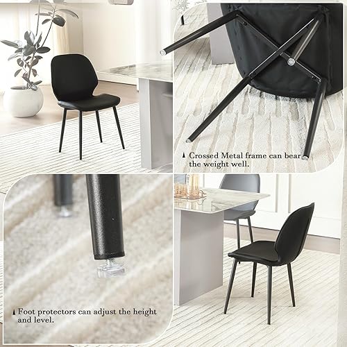 Miniatura 6 de Juego de 6 sillas de comedor tapizadas negras, sillas de comedor modernas de piel sintética de mediados de siglo con patas de metal, sillas