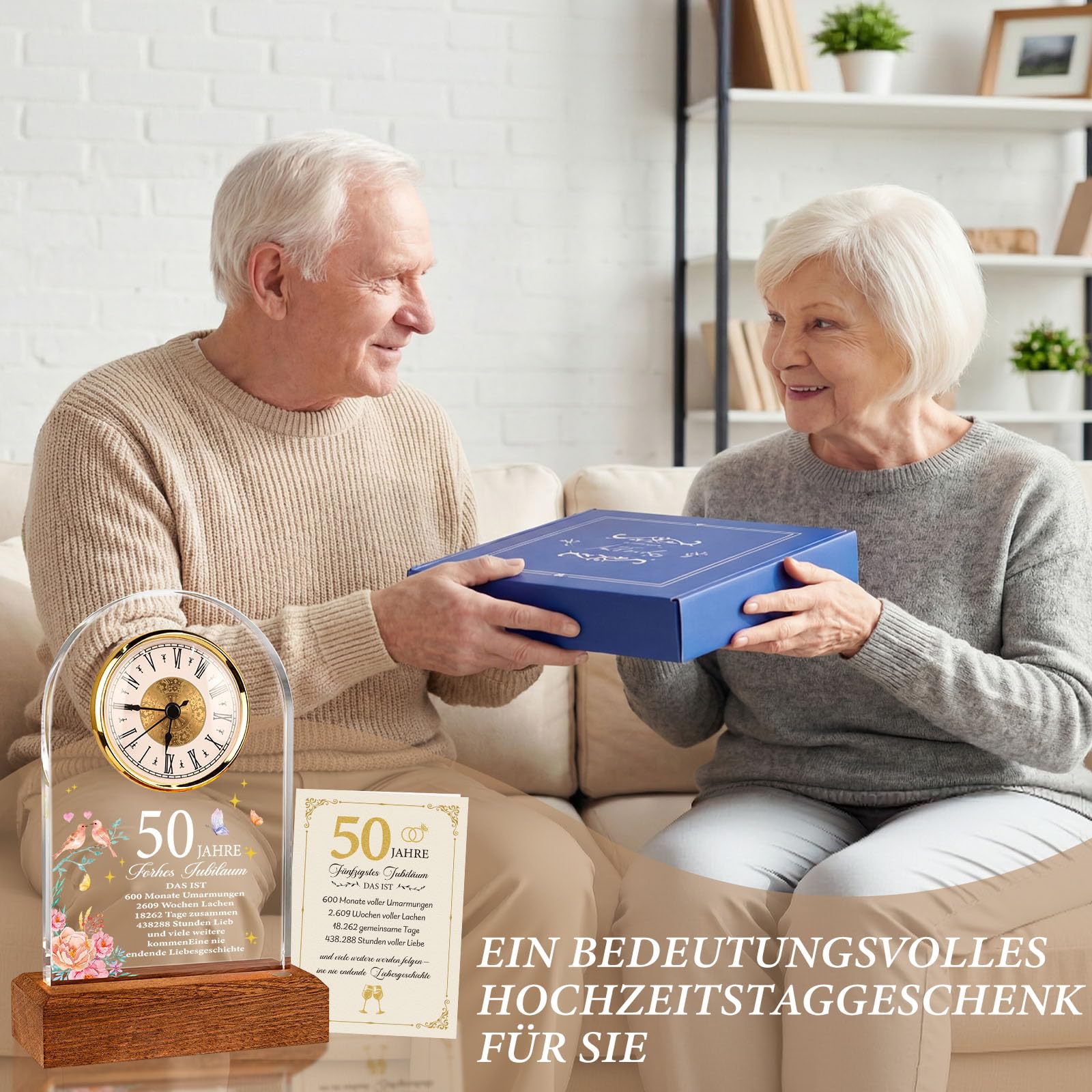 TUZELIYA Regalo di nozze d'oro, anniversario al quarzo, 50° anniversario di matrimonio, regalo con biglietto di auguri e busta, orologio da scrivania, regali di nozze per coppie, genitori, nonni